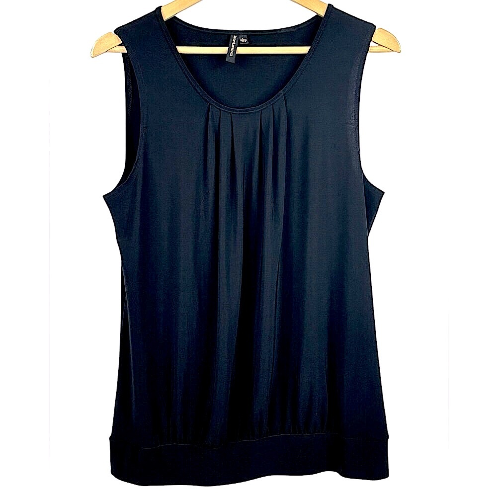 Susan Lawrence Black Drop Neck Pleat Front Sleeveless Blouse L